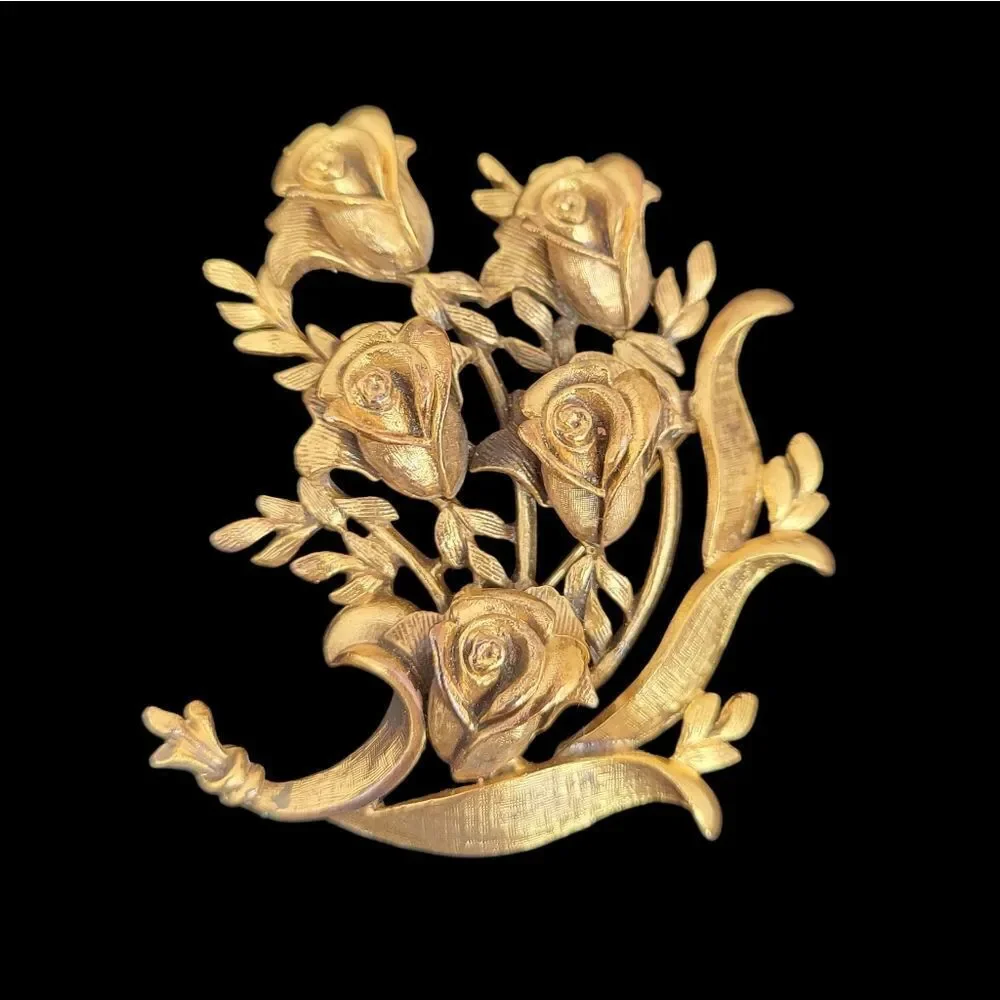 Tortolani Vintage Gold Toned Rose Boquet Brooch Pin